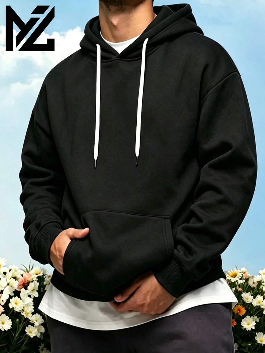 Men's Zip-Up Hoodie Sweatshirt, Sports Top, Regular Fit, Dropped Shoulder, Black Jacket With Kangaroo Pocket, Long Sleeve Pullover, Minimalist Basic Style, Fitness Wear, Outdoor Hoodie, Beachwear, Winter Coat, Daily Commute, Spring/Autumn Top, Men's Gift - Black - View 1
