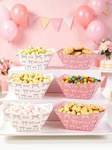 6pcs Pink Bow Theme Party Plates, Bow Pattern Disposable Plates, Snack Boxes, Popcorn Boxes, French Fries Boxes, Pink Bow Theme Birthday Party Decorations, Girls Birthday Party Supplies, Disposable Plates Suitable For Family Movie Night, Baby Shower, Gender Reveal Party Decorations, Wedding Decorations, First Birthday Anniversary Decorations, Birthday Gifts, Holiday Party Table Centerpiece Decorations, Party Favors - Pink and White Bow - View 2