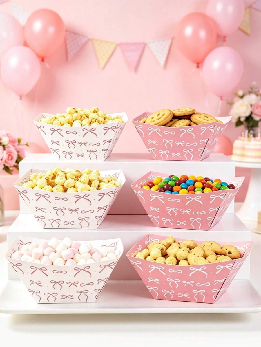 6pcs Pink Bow Theme Party Plates, Bow Pattern Disposable Plates, Snack Boxes, Popcorn Boxes, French Fries Boxes, Pink Bow Theme Birthday Party Decorations, Girls Birthday Party Supplies, Disposable Plates Suitable For Family Movie Night, Baby Shower, Gender Reveal Party Decorations, Wedding Decorations, First Birthday Anniversary Decorations, Birthday Gifts, Holiday Party Table Centerpiece Decorations, Party Favors