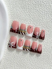 10件/套 精緻手工穿戴式美甲，Polygel美甲套組，花卉圖案，棕色與白色指甲油，時尚風格，含美甲工具，3種尺寸可選：杏仁形、鴨嘴形、棺材形，適合派對、舞蹈、日常穿戴（手工細節可能有所不同） - 彩色 - 查看 14