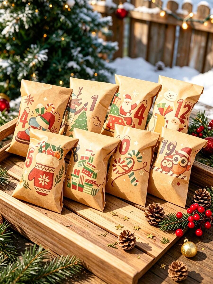 24+2 Kraft Paper Gift Envelopes With Santa Claus & Reindeer Pattern, 2 Sticker Sheets, 24-Day Advent Countdown Party Favors For Christmas Party