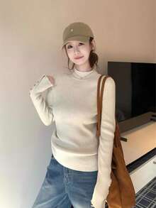 Seamless Half-High Neck Button-Up Slim Fit Women's Autumn Tight Knit Base Layer Sweater - Khaki - View 4