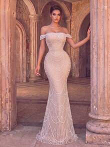 Women's Elegant Long Mermaid Evening Dress, Off-Shoulder Neckline, Embellished With Sequins And Pearls, Suitable For Formal Occasions - Champagne - View 5