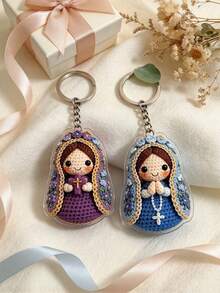 1pc 3D Keychain Pendant, Handmade Crochet Craft Acrylic Dust-Proof Encapsulated, Universal Accessory For Bags, Cars, Backpacks, Cartoon Virgin Mary Design With Floral Border And Cross Element, INS Style Creative Pendant, Personalized Backpack Decoration, Small Gift, Key Storage Wall, Home Decor, Bedroom Decoration - Multicolor - View 3