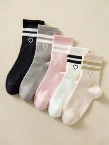 6/10/20/30pcs Women's Fashion Personalized Mid-Calf Socks - Solid Color, Striped And Heart Pattern Design, Soft Comfortable, Breathable Casual, Suitable For Daily Wear. 1 Pair - Multicolor - View 3