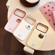 GUCADI Cute Embroidered Bear Pattern Phone Case Compatible With Apple 18pm, 17 And 14 Series, Designed For 15, Featuring Korean-Style Stripes And Polka Dot Patterns, Made Of Soft Material, Creative And Cute Design Blending Geometric Elements, Minimalism And Cartoon Style, And Fashionable, Perfect For Those Seeking A Unique Look Suitable For Sharing On Social Media - Mango Yellow - View 1