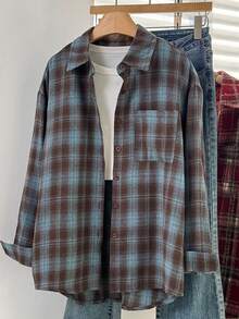 Plus Size Women's Brown & Blue Plaid Shirt Collar Long Sleeve Button Front Drop Shoulder Top (With Pockets, Suitable For Autumn) - Blue - View 3
