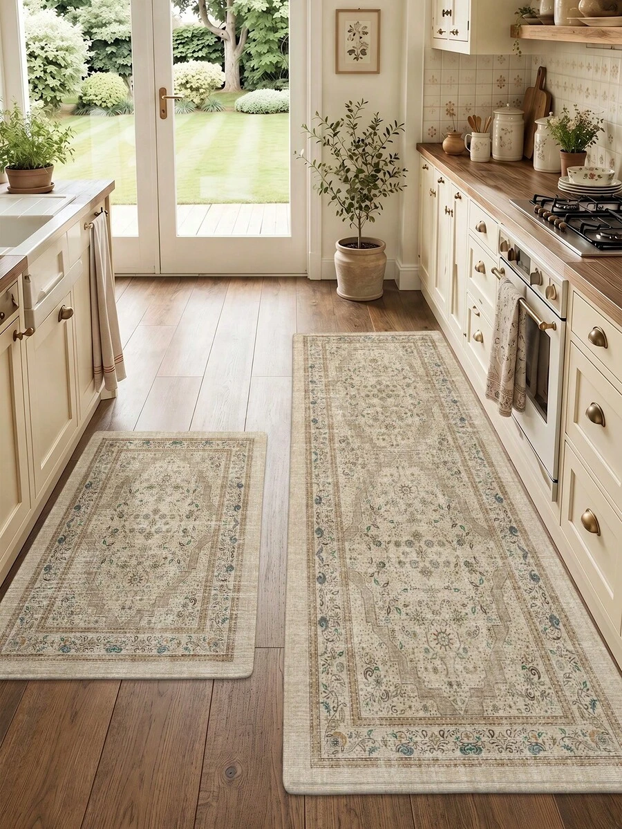 DAJIANG 1pc Bohemian Vintage Kitchen Rug, Non-Slip Rubber Backing Long Runner, Machine Washable Thickened Kitchen Floor Mat, Suitable For Hallway, Laundry Room, Holiday Room Decor