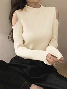 YCYC Women's Open Shoulder Knitted Top, Slim Fit Ribbed Long Sleeve Cropped Sweater, Spring/Autumn - White - View 1