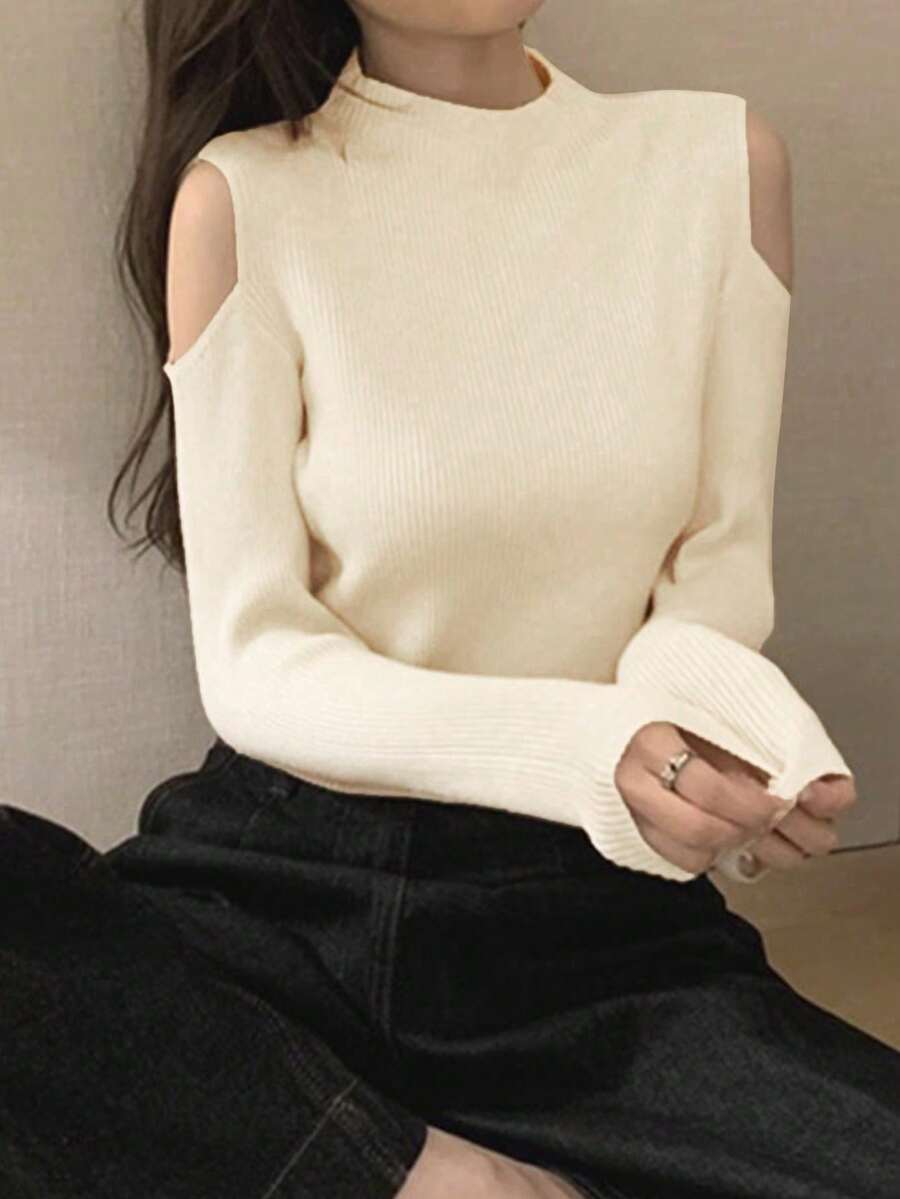 YCYC Women's Open Shoulder Knitted Top, Slim Fit Ribbed Long Sleeve Cropped Sweater, Spring/Autumn - White - View 1