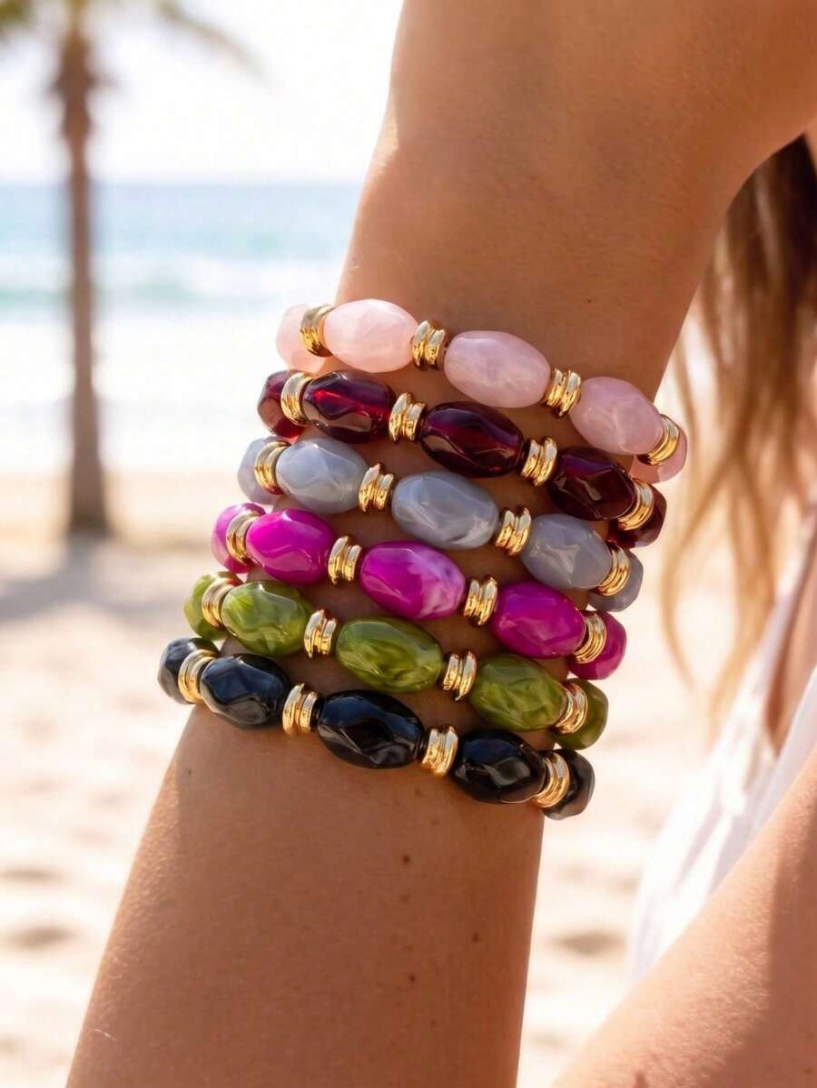 1pc Vintage Bohemian Colorful Beaded Elastic Bracelet, Gold Nugget Pendant Bracelet, Luxury High-End Suitable For Women, Couples, Party, Daily Wear - Multicolor - View 1