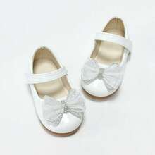 Girls' Glossy Patent Leather Mary Jane Shoes With Rhinestone Mesh Bow, Soft Sole Princess Dress Shoes For Wedding And Party - White - View 9