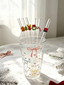 4/6pcs Shatter-Resistant Thick Borosilicate Glass Reusable Straw Set With Mixed Color Christmas Cartoon Hanging Decor, Cartoon Straight Transparent Party Glass Drinking Straws With Decorative Straw Heads, Suitable For Kitchen Accessories, Cold Drinks, Milk Tea, Coffee, Juice, Bar, Home, Restaurant - View 7