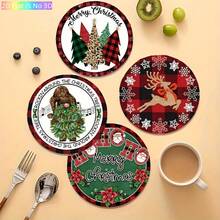 Christmas Best-Seller, Red & Black Plaid Christmas Round Coaster Set, Cartoon Gnome Santa Claus & Reindeer Print Heat-Resistant Mat, Suitable For Home Kitchen Dining Table Party, Creative Christmas Desktop Small Gift - PET Coaster LDX2878 - View 4