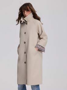 French Vintage Old Money Style Single-Breasted Long Trench Coat Plaid Colorblock Cuffed Sleeve Jacket - Khaki - View 3
