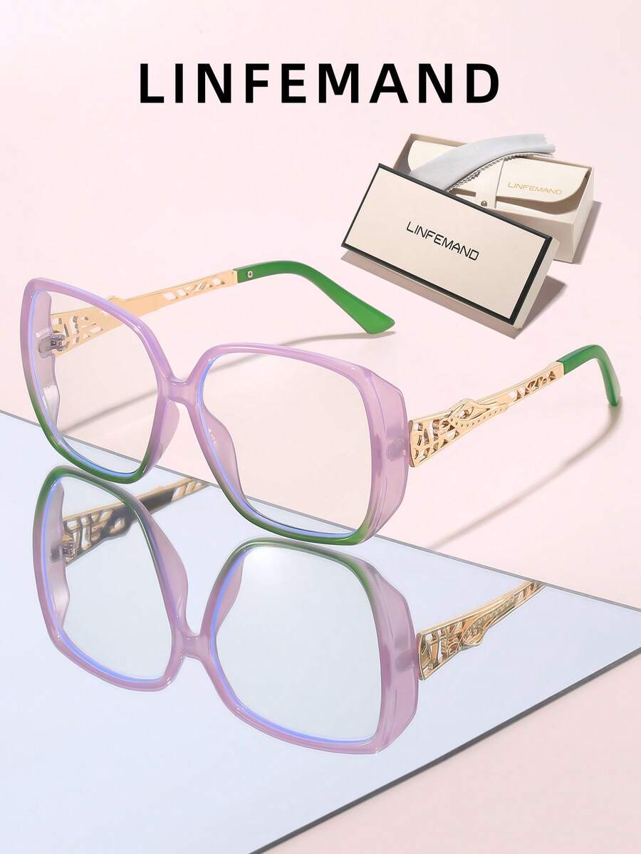 LINFEMAND 1 Pair Women's Oversized Gradient Non-Prescription Glasses, Hollow Metal Temple Design, Face-Flattering Small-Face Effect, Fashionable Contrast Color Frame, Daily Commute Office Wear, Versatile Decorative Eyewear - Clear - View 1