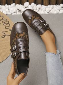 XfxfLadies' Fashionable/Color Blocked Flat Sole Shoes, Leopard Print Double Buckle Women's Shoes, Suitable For Casual Daily/Shopping Wear. - Mocha Brown - View 3