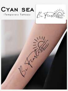 1pc Herbal Temporary Tattoo Sticker, Script "Be Fearless" With Sunrise & Wave Simple Line Pattern, Realistic Fake Tattoo Design, Suitable For Daily Wear, Bachelorette Party Favors, Music Festivals, Game Events, Graduation Gifts, Lasts 7-14 Days - Black - View 1