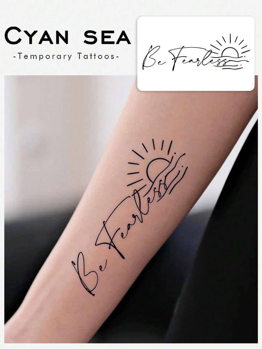 1pc Herbal Temporary Tattoo Sticker, Script "Be Fearless" With Sunrise & Wave Simple Line Pattern, Realistic Fake Tattoo Design, Suitable For Daily Wear, Bachelorette Party Favors, Music Festivals, Game Events, Graduation Gifts, Lasts 7-14 Days - Black - View 1