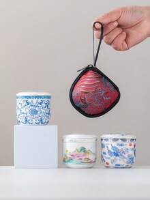 WEN ZHE Mini Blue And White Ceramic Portable Travel Tea Cup 80ml Single Person Tea Set With Tea Strainer And Storage Bag - Butterfly - View 7