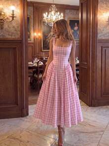 Dirp Noir Women's Elegant Plaid Square Neck Wide Strap Ruched Midi Dress, Suitable For National Day, Graduation, Back To School, Party - Pink - View 3