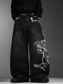 Celana Jeans Pria Gaya Jalanan Hong Kong, Bordir Motif Macan Premium di Jahitan Samping, Celana Longgar Nyaman dengan Kaki Lebar (Sabuk & Aksesoris Tidak Termasuk) - Hitam - View 4