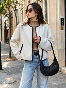 Fall Vintage Off White Contrast Black Trim Round Neck Cropped Jacket, Elegant Women Commuter Tweed Coat, Simple Chic Short Outerwear For Fall Winter - White - View 8
