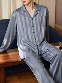 Gongdie 2件組男士睡衣套裝，秋冬款藍色條紋絲滑柔軟居家服，附口袋 - 霧霾藍 - 查看 8