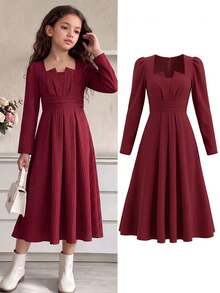Girls' 2026 Autumn/Winter Christmas New Deep Red New Year Pleated Vintage Square Neck Long Sleeve A-Line Dress, Suitable For Class Reunion, Daily Wear And Party - Red - View 7