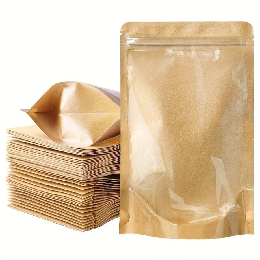 50 buah Kantong Kertas Kraft Berdiri dengan Jendela Transparan, Kantong Penyimpanan Cokelat yang Dapat Ditutup Kembali - Khaki - View 1