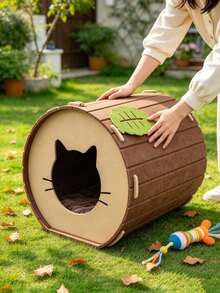 1pc Tree Stump Shaped Felt Cat Bed, 3-In-1 Multifunctional Cat Cave Hideout With Leaf Cat Scratching Pad, Comfortable Enclosed Pet Resting Bed, Suitable For Kittens And Adult Indoor Cats, Durable And Sturdy Pet Furniture - one-size - View 5