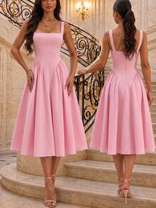 Dirp Noir Women's Elegant Plaid Square Neck Wide Strap Ruched Midi Dress, Suitable For National Day, Graduation, Back To School, Party - Pink - View 12