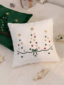 1pc White Christmas Tree Embroidered Pillow Case, Suitable For Indoor Decoration, Christmas Decoration, All-Season Pillow Cover, Without Insert - White - View 7