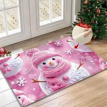 1pc Joyful And Cute Pink Snowman And Snowflake Pattern Microfiber Bath Rug,Non‑Slip Soft Bathroom Mat,Water‑Absorbent Doormat,Machine Washable,For Bedroom,Kitchen,Entryway,Indoor & Outdoor Use,Home Decor,Perfect Holiday Party Gift,Winter Decoration - A - View 4