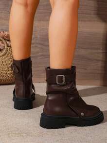 Vintage Brown Pleated Thick Sole Mid-Calf Work Boots Women's Metal Buckle Round Toe Chunky Heel Non-Slip Boots - Brown - View 6