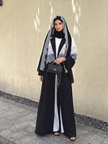 Hafizah New Lace Trim Patchwork Headscarf Collar Abaya Outerwear For Women Spring Black Fall - Black - View 3