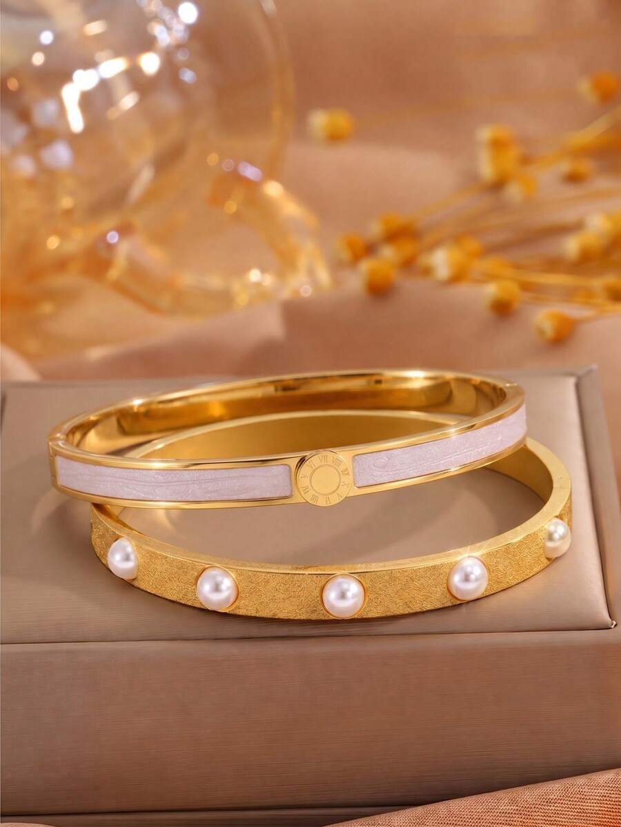 2pcsGolden Tone Stainless Steel Bangle, Pink Enamel & Matte Faux Pearl Design, Gentle Luxury, Suitable For Commute, Date & Daily Outfits - Gold - View 1