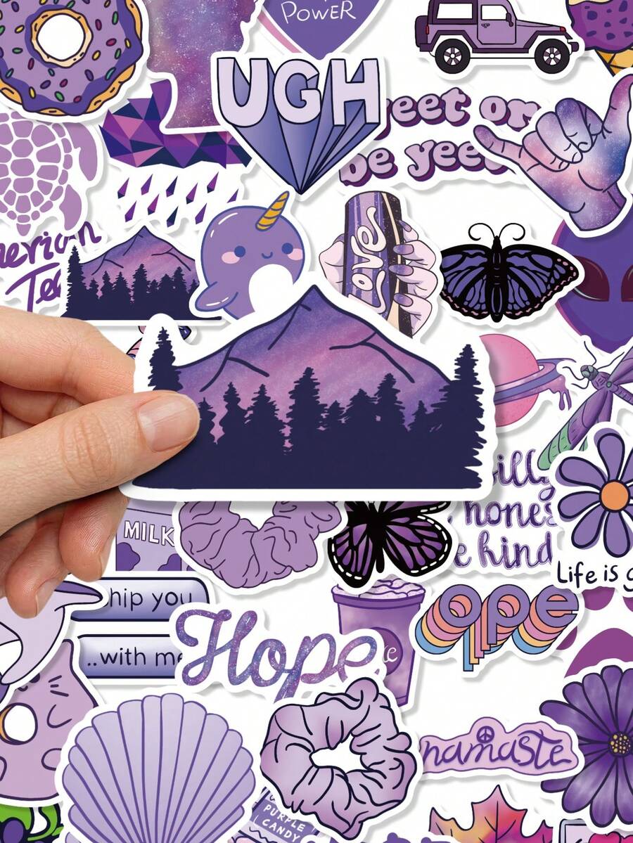 50Pcs Purple Vibe Sticker Pack, Cartoon Dessert & Planet Decor Decals, PVC Waterproof Stickers For Scrapbook, Water Bottle & Laptop - Multicolor - View 1
