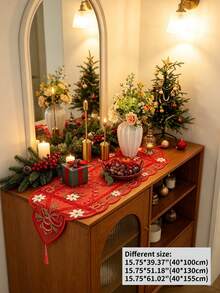 1pc 100% Polyester Red Sheer Embroidery Christmas Table Runner, Bell & Poinsettia Pattern Tassel Table Scarf, Holiday Dining Table Decor For Xmas Party Home Decoration - Red - View 19