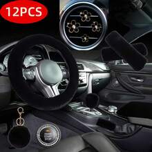 12PCS Winter Plush Car Steering Wheel Cover, Armrest Pad, Shoulder Protector, Autumn/Winter Warmth Set, Small Flower Air Vent Clip, Gear Shift Cover, Handbrake Cover, Car Interior Protection Cover, Multiple Colors Available - Multicolor - View 4