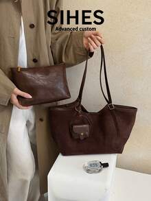 1pc Solid Color Suede New Women's Backpack, Crossbody Bag, Fashionable Large Capacity Tote Bag, Magnetic Closure, Dual Handles, Suitable For Commuting, Shopping, Dating, Shopping - Coffee - View 3