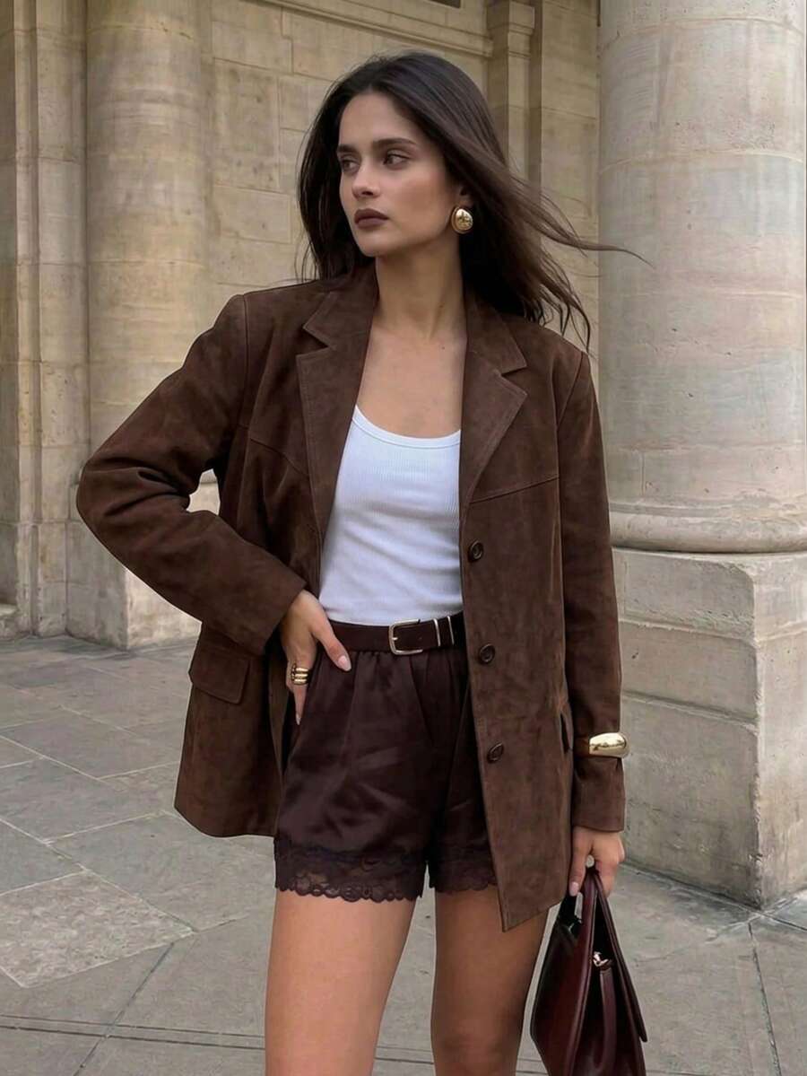 Women's Elegant Vintage Business Versatile Suede Design Minimalist Blazer, Suitable For Daily Commute, Outings, Workplace, Office Wear, Autumn/Winter Style - Coffee Brown - View 1