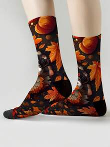 1 Pair 360° Printed Funny Turkey Thanksgiving Mid-Calf Socks, Autumn Harvest Pattern Mid-Calf Socks, Party Gift Socks - Multicolor - View 2