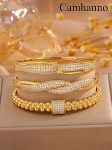 Camhanno 3/1pc Copper Material, Gold Inlaid Diamond Bracelet, Women's Light Luxury Bamboo Knot Twisted Pattern Design, High-End Feeling, Layered Bracelet - Gold - View 17