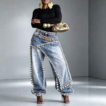Women Jeans - Light Blue With Rhinestones - View 7