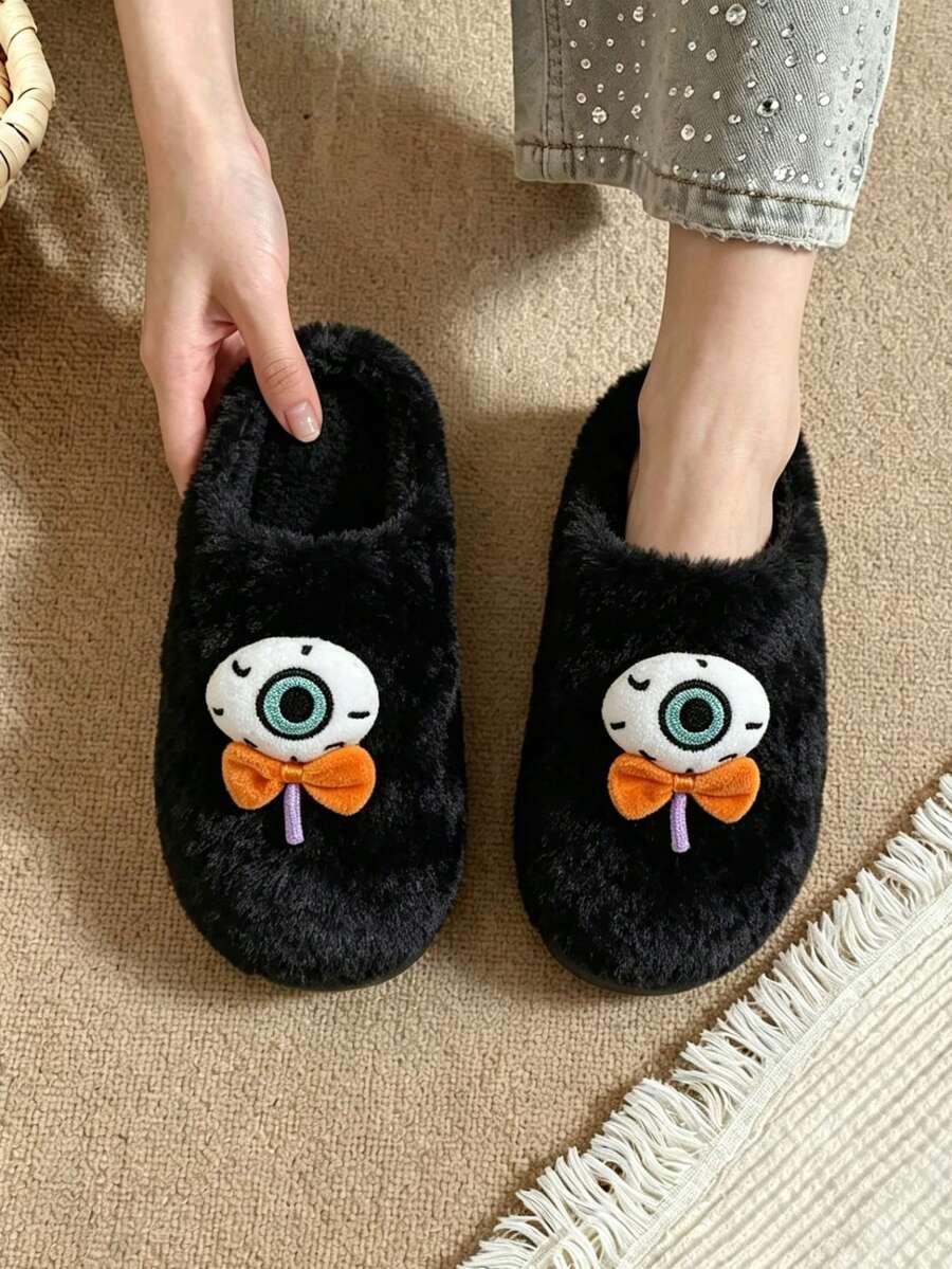 Women's Halloween Cute 3D Eyes & Bow Decor Plush Slippers, Soft Warm Non-Slip Flat Indoor House Shoes, Slip-On Design, Easy To Put On And Take Off - Black - View 1