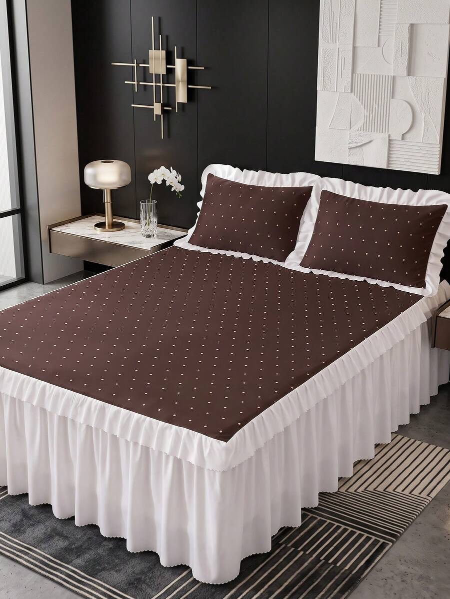 1 buah Rok Ranjang Berumbai, Motif Polkadot Karamel, Sprei, Pelindung Kasur, Dekorasi Kamar, Tekstil Rumah, Lembut, Bernapas, Nyaman, Ringan, Cocok untuk Ranjang Single/Double/Queen/King, Anti Debu, Anti Selip, Sepanjang Musim, Dapat Dicuci dengan Mesin