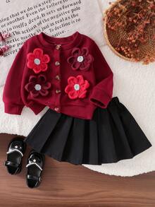 Baby Girl Spring/Autumn Fashion 2-Piece Set, Burgundy 3D Crochet Button Cardigan Knit Jacket + Black Pleated Skirt Outfit - Burgundy - View 1