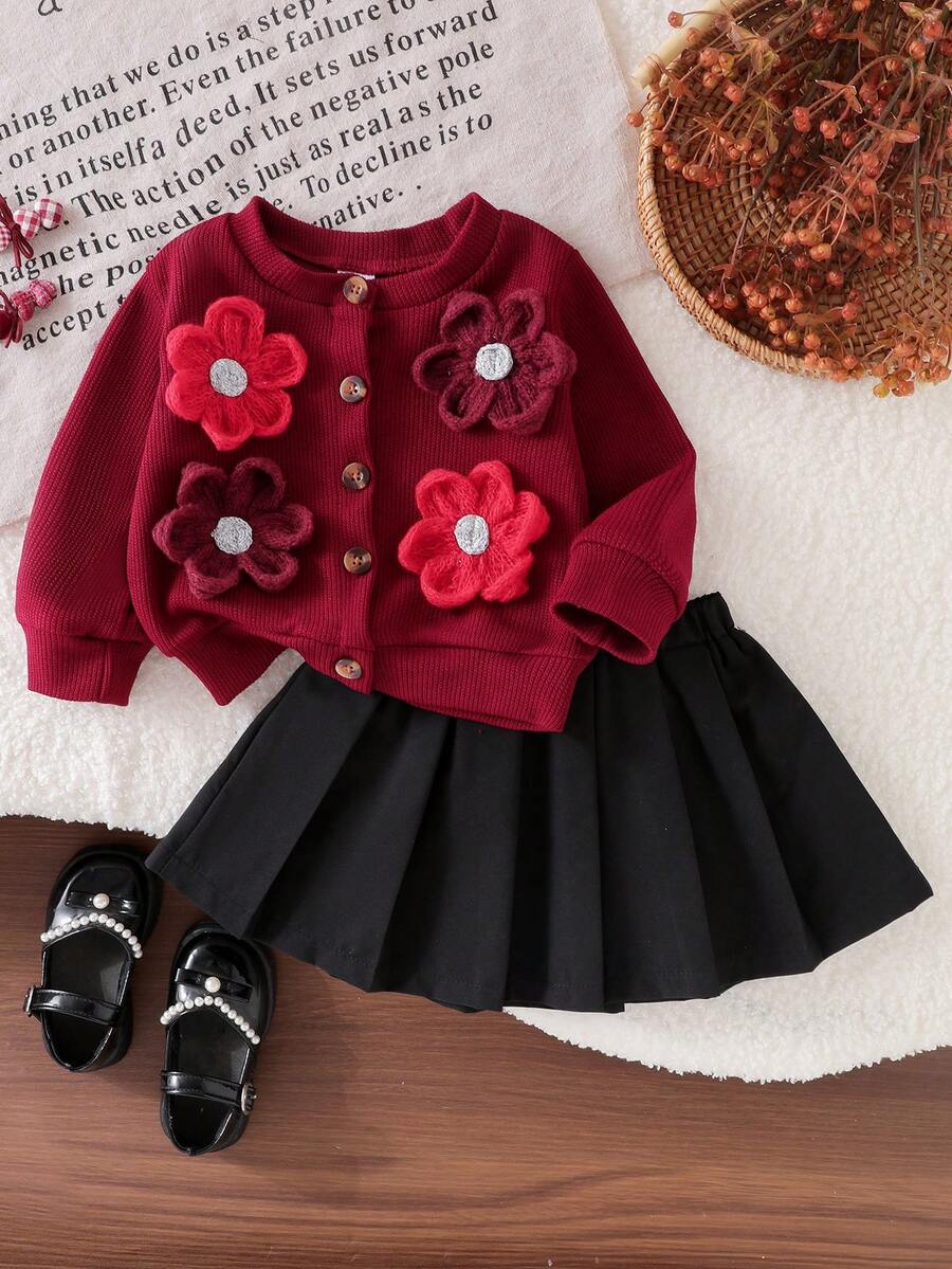 Baby Girl Spring/Autumn Fashion 2-Piece Set, Burgundy 3D Crochet Button Cardigan Knit Jacket + Black Pleated Skirt Outfit - Burgundy - View 1