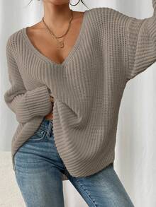 Autumn New Casual Travel Date Plus Size Friendly Hollow Out Loose Slimming Cold Shoulder Long Knit Sweater - Apricot - View 5